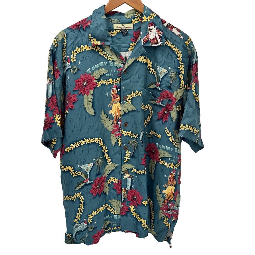 Tommy Bahama Silk Shirt Mens Medium Holiday Christmas‎ Aloha Santa 2002 Vintage